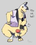  4_fingers 4_toes balls clothing crouching erection feet fingers genitals gloves handwear jacket kyvu_(artist) male nintendo penis pok&eacute;mon pok&eacute;mon_(species) solo text toes topwear typhlosion video_games 