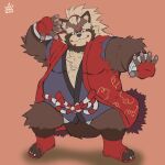  1:1 2021 anthro belly brown_body brown_fur canid canine clothed clothing fur goemon_(tas) hi_res humanoid_hands lifewonders male mammal overweight overweight_male pipowitch raccoon_dog simple_background solo tanuki tokyo_afterschool_summoners video_games 