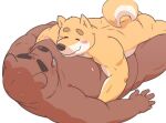  2015 anthro belly blush brown_body brown_nose butt canid canine canis domestic_dog duo embrace eyes_closed hug humanoid_hands kemono kick_(artist) lying male male/male mammal overweight overweight_male simple_background ursid white_background 