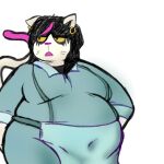  1:1 anthro apron belly big_belly big_breasts black_hair bodypaint breasts catti_(deltarune) clothed clothing deltarune domestic_cat dress eyeliner face_paint felid feline felis female front_view frown fully_clothed fur hair hi_res highlights_(coloring) macabresavant makeup mammal navel_outline obese obese_anthro obese_female open_frown open_mouth overweight overweight_anthro overweight_female pink_highlights portrait shirt simple_background solo three-quarter_portrait three-quarter_view topwear undertale_(series) video_games waiter whiskers white_body white_fur wide_hips yellow_sclera 