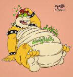  4_toes 5_fingers absurd_res anthro belly belly_overhang big_belly bowser chubby_anthro chubby_cheeks chubby_male claws digital_media_(artwork) feet fingers full_belly hi_res kaiipwilde_(artist) koopa male mario_bros moobs nintendo obese obese_anthro obese_male onomatopoeia open_mouth overweight overweight_anthro overweight_male paws rumbling_stomach scalie simple_background sitting solo sound_effects spikes stuffed_belly stuffed_full teeth text thick_thighs toes tongue video_games weight_gain 