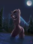  2021 3:4 anthro bath bathing black_hair black_nose blizzard_entertainment breasts butt canid eye_scar facial_scar female forest full_moon fur genitals glowing glowing_eyes grey_body grey_fur hair hands_behind_head hi_res lake long_hair looking_at_viewer looking_back looking_back_at_viewer mammal moon mountain nature night nipples np4tch nude partially_submerged plant purple_eyes pussy rear_view scar signature skinny_dipping sky solo standing star starry_sky tailless tree video_games warcraft water were werecanid wet wet_body wet_fur wet_hair worgen 