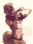 3:4 akita akita_inu anthro areola athletic athletic_anthro athletic_male biped blush bodily_fluids body_hair bottomwear brown_body brown_eyes brown_fur canid canine canis catsudon claws clothed clothing domestic_dog dripping finger_claws fur happy_trail looking_at_viewer male mammal navel nipples partially_clothed shorts simple_background solo spitz sweat tako_(catsudon) tenting undressing 