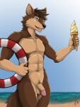  2021 3:4 5_fingers anthro balls baroque_(artist) beach black_nose blue_eyes brown_body brown_fur brown_hair canid canine canis casual_nudity claws dessert digital_media_(artwork) finger_claws fingers flaccid food fur genitals hair hi_res humanoid_genitalia humanoid_hands humanoid_penis ice_cream inflatable inner_tube looking_at_viewer male mammal multicolored_body multicolored_fur navel nude open_mouth open_smile outside penis sand seaside signature smile solo tan_body tan_fur two_tone_body two_tone_fur water wolf 