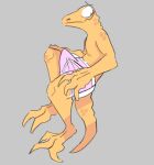  anthro bulge clothing erection hi_res lizard looking_away male orange_body orange_skin pose reptile scalie simple_background smile sodacaps solo underwear 