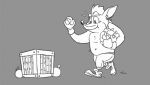  2021 activision anthro bandicoot belly biped bodily_fluids bottomwear box clothed clothing container crash_bandicoot crash_bandicoot_(series) eclipsewolf food fruit humanoid_hands male mammal marsupial monochrome navel pants plant simple_background slightly_chubby solo sweat video_games 