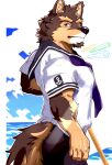 anthro broom brown_body brown_fur canid canine canis cleaning_tool domestic_dog fur hi_res lifewonders live-a-hero male mammal muscular muscular_anthro muscular_male pubraseer sailor sailor_uniform sdeekkk sea solo video_games water 