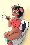  2021 absurd_res anthro beverage bottomwear brown_body canid canine canis clothed clothing coffee container cup digital_media_(artwork) domestic_dog eyewear female floppy_ears footwear fur glasses hair hi_res knee_highs legwear looking_at_viewer mammal notmypornaccount panties shirt simple_background sitting socks solo t-shirt toilet toilet_use topwear underwear yoon_soo-mi 