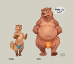  2021 anthro balls_outline belly brown_body bulge clothing duo english_text genital_outline humanoid_hands laser_(artist) lutrine male mammal moobs mustelid navel nipples overweight overweight_male penis_outline rudy_(laser) simple_background text toby_(laser) underwear ursid 