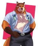  2021 anthro biped bottomwear brown_body brown_fur brown_nose canid canine clothed clothing eyewear fox fur glasses hi_res humanoid_hands male mammal mature_male naikuma nipples open_clothing open_shirt open_topwear pants shirt simple_background solo topwear 