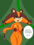  3:4 absurd_res anthro badger big_breasts bloodred739 breasts brown_nipples dialogue english_text female fur genitals green_eyes hi_res mammal mustelid musteline navel nipples nude orange_body orange_fur peach_pussy pubes pussy sega solo sonic_boom sonic_the_hedgehog_(series) sticks_the_jungle_badger text 