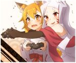  2girls animal_ear_fluff animal_ears bangs black_gloves blonde_hair blush brown_eyes commentary_request controller dress elbow_gloves eyebrows_visible_through_hair fox_ears game_controller gloves highres holding japanese_clothes kimono kuro_kosyou long_hair long_sleeves miko multiple_girls parted_bangs red_eyes ribbon-trimmed_sleeves ribbon_trim senko_(sewayaki_kitsune_no_senko-san) sewayaki_kitsune_no_senko-san shawl shiro_(sewayaki_kitsune_no_senko-san) short_eyebrows thick_eyebrows trembling white_dress white_kimono wide_sleeves 