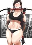  1girl black_hair blush breasts calvin_klein cleavage collarbone covered_nipples earrings final_fantasy final_fantasy_vii final_fantasy_vii_remake gloves heavy_breathing highres jewelry large_breasts lifting long_hair low-tied_long_hair navel open_mouth red_eyes solo sports_bra sports_panties steaming_body sweat tifa_lockhart tinnies 