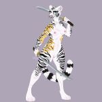  1:1 absurd_res anthro arm_tattoo blvejay breasts detailed felid feline female genitals hi_res hip_tattoo katana looking_at_viewer mammal markings melee_weapon nipples nude pantherine pussy scar simple_background smile solo striped_markings stripes sword tattoo tiger weapon whiskers 