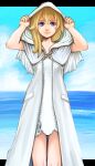  1girl blonde_hair blue_eyes closed_mouth cloud dress hood hood_up hoodie kingdom_hearts kingdom_hearts_ii long_hair looking_at_viewer namine shibe smile solo water white_dress 