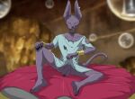  alien anthro balls bed beerus bottomless clothed clothing clothing_lift domestic_cat dragon_ball dragon_ball_super ear_piercing ear_ring feet felid feline felis flaccid furniture genitals humanoid_genitalia humanoid_penis male mammal pajamas penis piercing purple_body rovafur shirt shirt_lift showing_penis smile smirk soles solo topwear yellow_eyes 