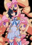  4girls bare_shoulders black_background black_hair blonde_hair blue_eyes bow commentary_request dress eyepatch hair_bow hair_ornament happy harime_nui highres huge_0330 junketsu kill_la_kill korean_commentary long_hair looking_at_viewer matoi_ryuuko medium_hair multicolored_hair multiple_girls multiple_persona pink_bow pink_dress red_hair sketch smile streaked_hair thighhighs twintails two-tone_hair uniform very_long_hair 