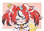  1girl :d @_@ animal_ears bare_shoulders beer_mug black_collar black_hair blush_stickers chibi collar commentary crop_top cup drunk english_commentary hakos_baelz hololive hololive_english kukie-nyan layered_sleeves looking_at_viewer mouse_ears mouse_girl mr._squeaks_(hakos_baelz) mug multicolored_hair open_mouth red_hair smile solo spiked_collar spikes streaked_hair twintails twitter_username virtual_youtuber white_hair 