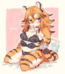  4_breasts anthro bed blush breasts clothed clothing felid female fur furniture kemono lingerie mabo_(artist) mammal multi_breast on_bed pantherine panties solo text thick_thighs tiger translated underwear 