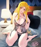  1girl absurdres artist_name bangs barefoot bed black_babydoll black_panties blonde_hair breasts cleavage commentary_request commission eyebrows_visible_through_hair fate_testarossa halterneck hand_on_own_chest head_tilt highres lamp large_breasts leonis_g lingerie long_hair looking_at_viewer lyrical_nanoha mahou_shoujo_lyrical_nanoha_strikers navel nipples on_bed open_mouth panties pillow red_eyes see-through signature skeb_commission smile solo string_panties underwear underwear_only very_long_hair 