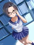  1girl :o adjusting_hair arm_behind_back artist_name bangs_pinned_back blue_skirt blush bookshelf brown_eyes brown_hair collarbone commentary forehead frilled_skirt frills glasses hand_up highres j.c.14 kneehighs knees_together_feet_apart kobayakawa_rinko looking_at_viewer love_plus lower_teeth open_mouth school_uniform shirt short_hair short_sleeves skirt solo standing teeth v-shaped_eyebrows white_shirt 