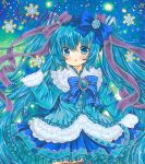  1girl :o black_legwear blue_background blue_bow blue_bowtie blue_brooch blue_eyes blue_gloves blue_hair blue_hairband blue_jacket blue_mittens blue_skirt blue_theme bow bowtie brooch cowboy_shot eyebrows_visible_through_hair frilled_hairband frilled_skirt frills fur-trimmed_jacket fur-trimmed_sleeves fur_trim gloves hair_between_eyes hair_ribbon hairband hatsune_miku jacket jewelry long_hair looking_at_viewer marker_(medium) mittens open_mouth purple_ribbon ribbon rui_(sugar3) sample skirt snowflake_background solo thighhighs traditional_media very_long_hair vocaloid yuki_miku yuki_miku_(2012) zettai_ryouiki 