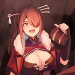  1girl beer_mug beidou_(genshin_impact) blush breasts brown_hair cleavage cup dress eyepatch fur_collar genshin_impact hair_ornament hair_over_one_eye hair_stick hairpin high_ponytail highres large_breasts long_hair mug one_eye_covered open_mouth red_dress red_eyepatch red_eyes st_ard 
