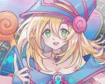  1girl bare_shoulders blonde_hair blush breasts choker cleavage dark_magician_girl duel_monster green_eyes hair_between_eyes hat hexagram highres holding holding_wand kazuru_wa long_hair open_mouth shadow smile solo wand wizard_hat yu-gi-oh! yu-gi-oh!_duel_monsters 