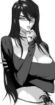  1girl absurdres arm_under_breasts bangs breasts cleavage ennuigrl finger_to_mouth greyscale hair_between_eyes highres jewelry large_breasts long_hair looking_to_the_side monochrome navel original ring scorpion 