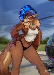  2021 anthro breasts brown_body brown_fur clothed clothing day detailed_background digital_media_(artwork) dragonfu eyebrows eyelashes female fur headgear lutrine mammal mustelid outside skimpy sky smile 