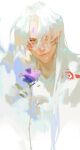 1boy bangs closed_mouth crescent facial_mark flower forehead_mark fur hair_over_one_eye highres inuyasha japanese_clothes long_hair looking_at_viewer male_focus parted_bangs pointy_ears purple_flower qiuyanga sesshoumaru simple_background solo white_background white_hair yellow_eyes 