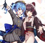  2girls :d animal_ears bangs beret black_choker black_gloves blue_eyes blue_hair blue_ribbon blush brown_hair brown_kimono choker commentary_request dog_ears dress eyebrows_visible_through_hair frilled_dress frills gloves grey_dress grey_headwear hair_ribbon hat heterochromia highres hololive hoshimachi_suisei inui_toko japanese_clothes kimono long_hair long_sleeves maid_headdress multiple_girls nijisanji partially_fingerless_gloves plaid plaid_dress plaid_headwear red_eyes ribbon smile star_(symbol) star_in_eye symbol_in_eye touri_tarou_(misconception) twintails virtual_youtuber yellow_eyes 