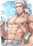  1boy bara bare_pectorals facial_hair geralt_of_rivia highres large_pectorals looking_at_viewer male_focus mature_male muscular muscular_male no_shirt pectorals solo the_witcher_(series) the_witcher_1 the_witcher_2 the_witcher_3 topless_male yani_(yano_023) 