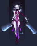  1girl armored_boots bangs boots colored_skin dagger distr dual_wielding elf full_body glowing glowing_eyes highres holding jewelry knife looking_at_viewer nightborne pointy_ears purple_skin warcraft weapon white_hair world_of_warcraft 