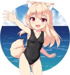  1girl :d animal_ear_fluff animal_ears ass_visible_through_thighs bangs binsen black_swimsuit blonde_hair blush breasts cowboy_shot eyebrows_visible_through_hair fang hair_between_eyes hand_up long_hair looking_at_viewer ocean open_mouth original petite red_eyes small_breasts smile solo swimsuit tail 