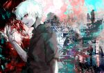  1girl 2boys absurdres bangs black_background black_shirt clown_mask coat eyebrows_visible_through_hair from_side furuta_nimura green_background grey_background hand_up heterochromia highres hoito_roma kaneki_ken kyuuba_melo mask multicolored_background multiple_boys open_mouth pale_skin pants red_background red_eyes shirt short_hair sitting smile solo_focus standing teeth tokyo_ghoul torn_clothes torn_shirt tree upper_teeth white_hair 
