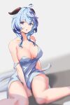  1girl :o absurdres ahoge alternate_costume bangs bare_shoulders between_legs blue_hair blush breasts camisole cleavage collarbone curled_horns dress eyebrows_visible_through_hair ganyu_(genshin_impact) genshin_impact hand_between_legs highres horns large_breasts long_hair looking_at_viewer open_mouth purple_eyes reulem sidelocks sitting solo strap_slip thighs very_long_hair wariza white_background white_dress 