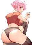  1girl ass ass_focus bangs black_legwear breasts code_vein cup drinking_glass female_protagonist_(code_vein) from_behind looking_at_viewer looking_back midriff pink_hair popnmusic17 purple_eyes short_hair shot_glass simple_background solo spiked_hair thighhighs very_short_hair white_background 
