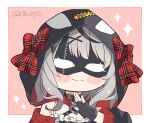  1girl animal_hood black_collar black_gloves blush_stickers chibi closed_mouth collar commentary english_commentary eye_mask fingerless_gloves gloves hololive hood kukie-nyan orca_hood sakamata_chloe silver_hair smile solo twitter_username virtual_youtuber wavy_hair 