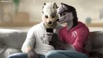  16:9 anthro canid canine canis clothed clothing cuddling duo geewolf hi_res intimate male male/male mammal phone widescreen wolf 