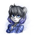  anthro black_body black_fur black_hair black_nose blue_eyes breasts bust_portrait cleavage clothed clothing cowlick female fur giant_panda hair hair_over_eye hi_res highlights_(coloring) looking_at_viewer mammal multicolored_body multicolored_fur multicolored_hair one_eye_obstructed open_mouth pattern_clothing pattern_shirt pattern_topwear plaid plaid_clothing plaid_shirt plaid_topwear portrait purple_hair shirt short_hair simple_background solo teeth tinygaypirate topwear two_tone_body two_tone_fur two_tone_hair ursid white_background white_body white_fur 