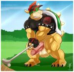  aaron_(artist) anthro armband balls big_balls big_penis bodily_fluids border bottomless bowser clothed clothing dripping fingerless_gloves genital_fluids genitals gloves golf golf_ball golf_club green_body green_scales hair handwear hat headgear headwear hi_res horn humanoid_genitalia humanoid_penis koopa male mario_bros nintendo outside partially_clothed penis precum precum_drip precum_on_ground red_hair scales scalie shell shirt solo spiked_armband spikes standing topwear vein veiny_penis video_games white_border yellow_body yellow_scales 