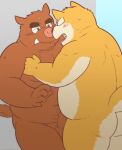  2015 anthro balls belly blush brown_body brown_fur butt canid canine canis domestic_dog duo erection fur genitals humanoid_hands kemono kick_(artist) male male/male mammal moobs navel overweight overweight_male penis simple_background suid suina sus_(pig) wild_boar 