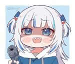  1girl :d aiming_at_viewer bangs blue_eyes blue_hair blue_hoodie blunt_bangs blush_stickers chibi commentary english_commentary eyebrows_visible_through_hair gawr_gura gun hair_ornament handgun holding holding_gun holding_weapon hololive hololive_english hood hood_down hoodie kukie-nyan long_hair looking_at_viewer multicolored_hair open_mouth pistol shark_hair_ornament sharp_teeth silver_hair smile solo streaked_hair teeth twitter_username two_side_up virtual_youtuber weapon 