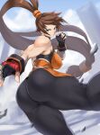  1girl anagumasan ass bandages bangs bare_shoulders breasts brown_eyes brown_hair commentary_request dungeon_and_fighter fighter_(dungeon_and_fighter) fighting_stance fingerless_gloves fingernails gloves hair_ornament highres kicking large_breasts long_hair looking_at_viewer low-tied_long_hair muscular muscular_female pants parted_lips ponytail shiny shiny_hair simple_background skin_tight sleeveless solo spandex very_long_hair 