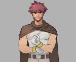  1boy bangs beard belt belt_buckle brown_belt buckle byron_(pokemon) closed_mouth commentary_request dirty dirty_clothes facial_hair gloves grey_background korean_commentary male_focus muscular muscular_male pants pokemon pokemon_(game) pokemon_dppt red_hair shirt short_hair simple_background sleeveless sleeveless_shirt smile solo spiked_hair white_gloves white_shirt yumilbo 