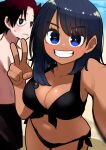  1boy 1girl absurdres beach bikini black_bikini black_hair black_male_swimwear blue_eyes breasts brown_eyes brown_hair cleavage collarbone commentary_request cowboy_shot dark-skinned_female dark_skin eyebrows_visible_through_hair grin highres kanke_(kank06020602) large_breasts long_hair looking_at_viewer medium_hair open_mouth original outdoors selfie short_hair smile swimsuit topless_male very_long_hair water 