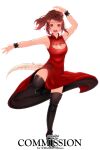  1girl absurdres arm_up au_ra avatar_(ffxiv) boots brown_eyes brown_hair cleavage_cutout clothing_cutout commission dragon_horns dragon_tail dress final_fantasy final_fantasy_xiv highres horns looking_at_viewer pixie_(pixieinktvis) red_dress scales short_hair solo tail thigh_boots thighhighs white_background wrist_cuffs 