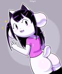  5:6 anthro blush blush_lines butt canid canine clothing disfigure domestic_cat felid feline felis female footwear fur gesture hair happy hi_res looking_back mammal shirt signature socks solo tem temmie_(undertale) topwear undertale undertale_(series) v_sign video_games white_body white_fur 