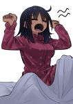  1girl absurdres ahoge closed_eyes commentary_request dark-skinned_female dark_skin eyebrows_visible_through_hair hands_up highres kanke_(kank06020602) long_sleeves open_mouth original pajamas purple_shirt shirt simple_background solo tearing_up waking_up white_background yawning 